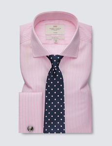 Non Iron Pink & White Bengal Stripe Fitted Slim Shirt With Windsor Collar - Double Cuffs
