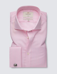 Non Iron Pink & White Bengal Stripe Fitted Slim Shirt With Windsor Collar - Double Cuffs
