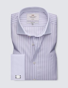 Non Iron Pink & White Stripe Fitted Slim Shirt - Full Cutaway Collar - Double Cuffs