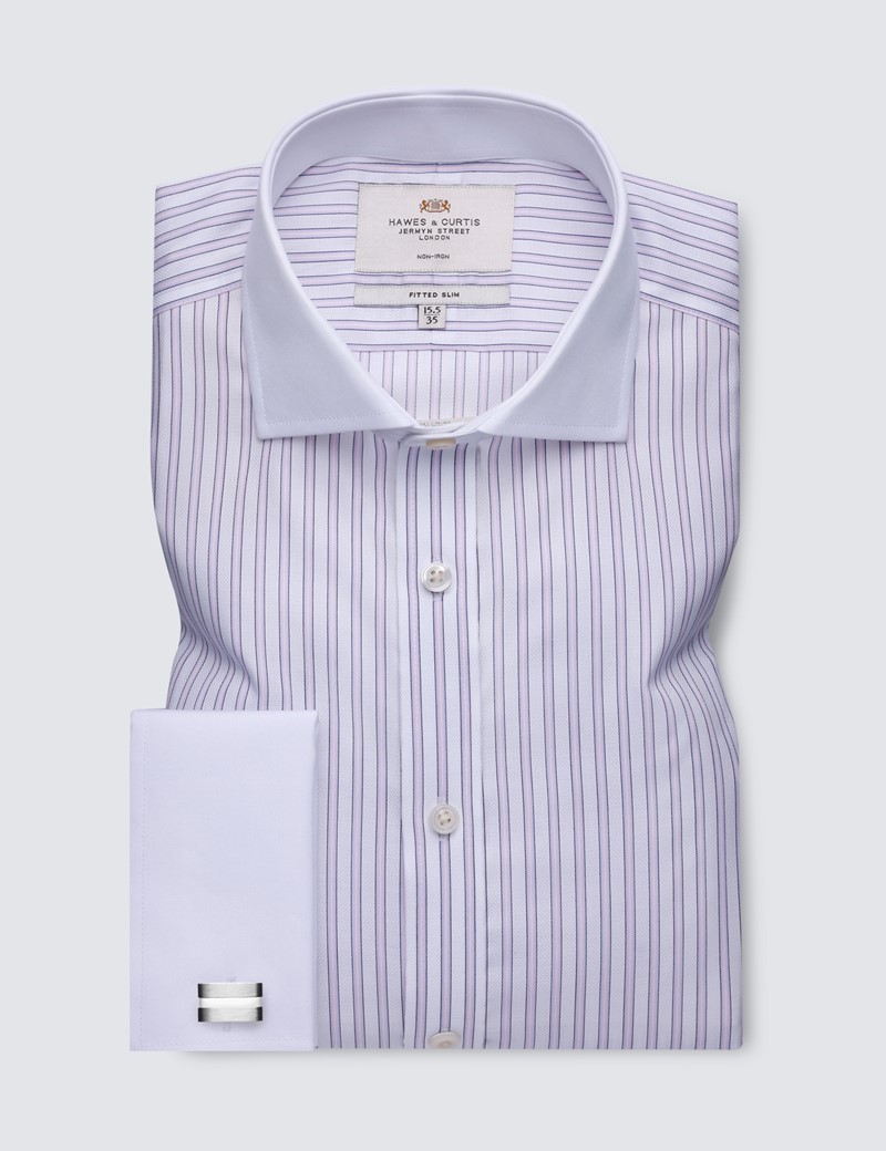 Non Iron Pink & White Stripe Fitted Slim Shirt - Full Cutaway Collar - Double Cuffs