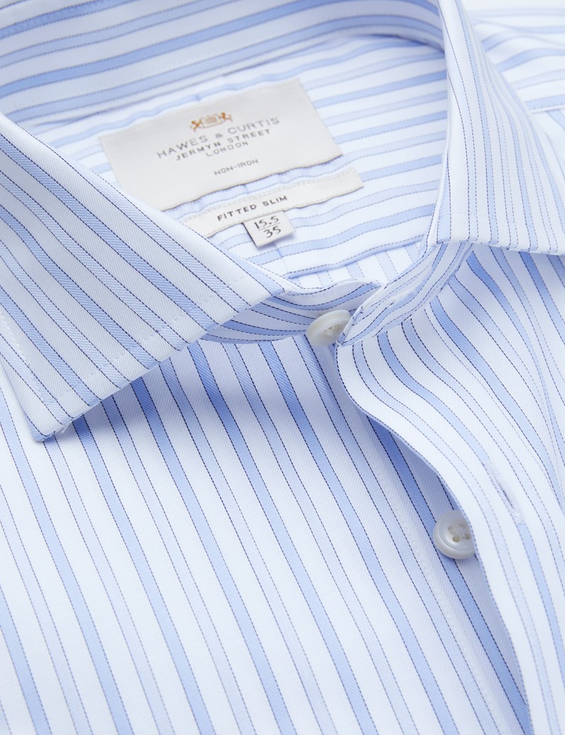 Non Iron Blue & White Multi Stripe Fitted Slim Shirt - Full Cutaway Collar - Double Cuff