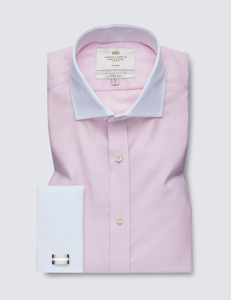 Non Iron Pink & White Dogstooth Fitted Slim Shirt - Windsor Collar - Double Cuffs