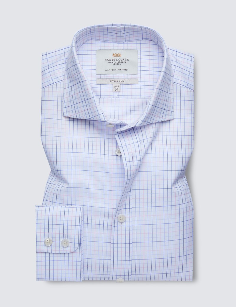 Easy Iron Pink & Blue Multi Check Fitted Slim Shirt - Windsor Collar