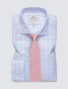 Easy Iron Pink & Blue Multi Check Fitted Slim Shirt - Windsor Collar 