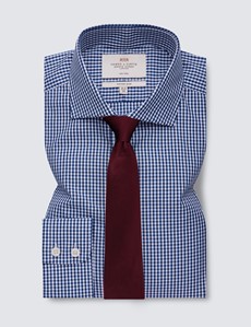  Non Iron Navy & White Gingham Check Fitted Slim Shirt - Windsor Collar - Single Cuffs