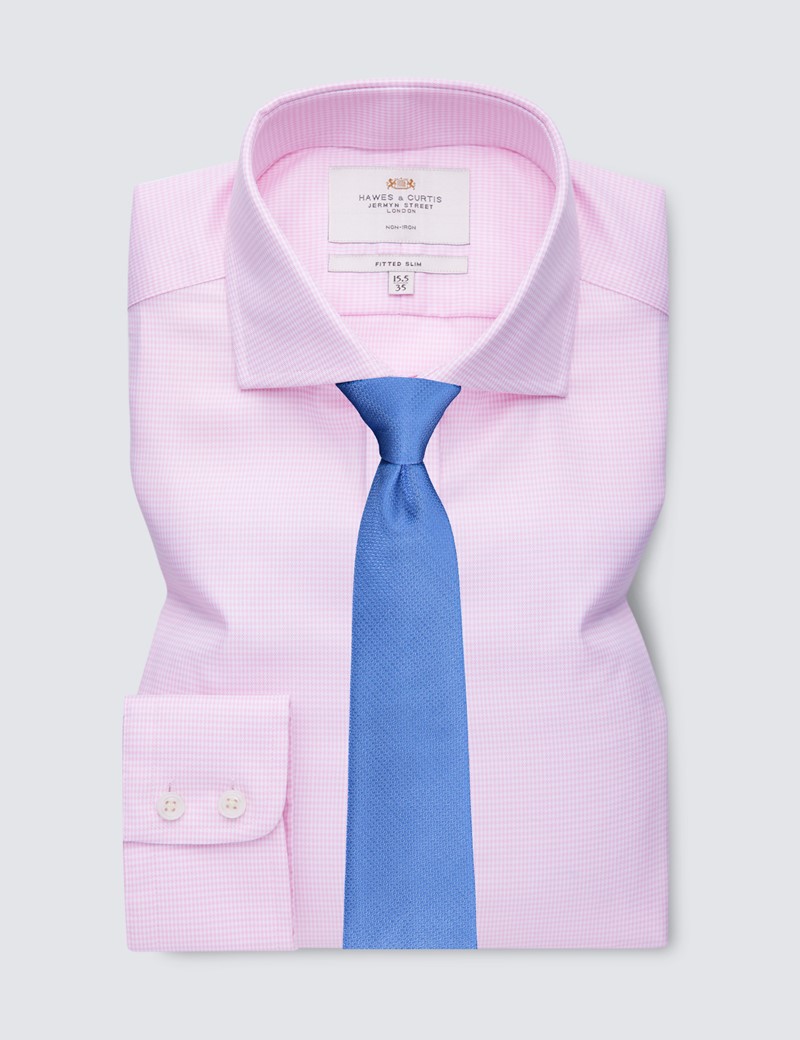 Non Iron Pink & White Dogstooth Fitted Slim Shirt - Windsor Collar - Single Cuffs