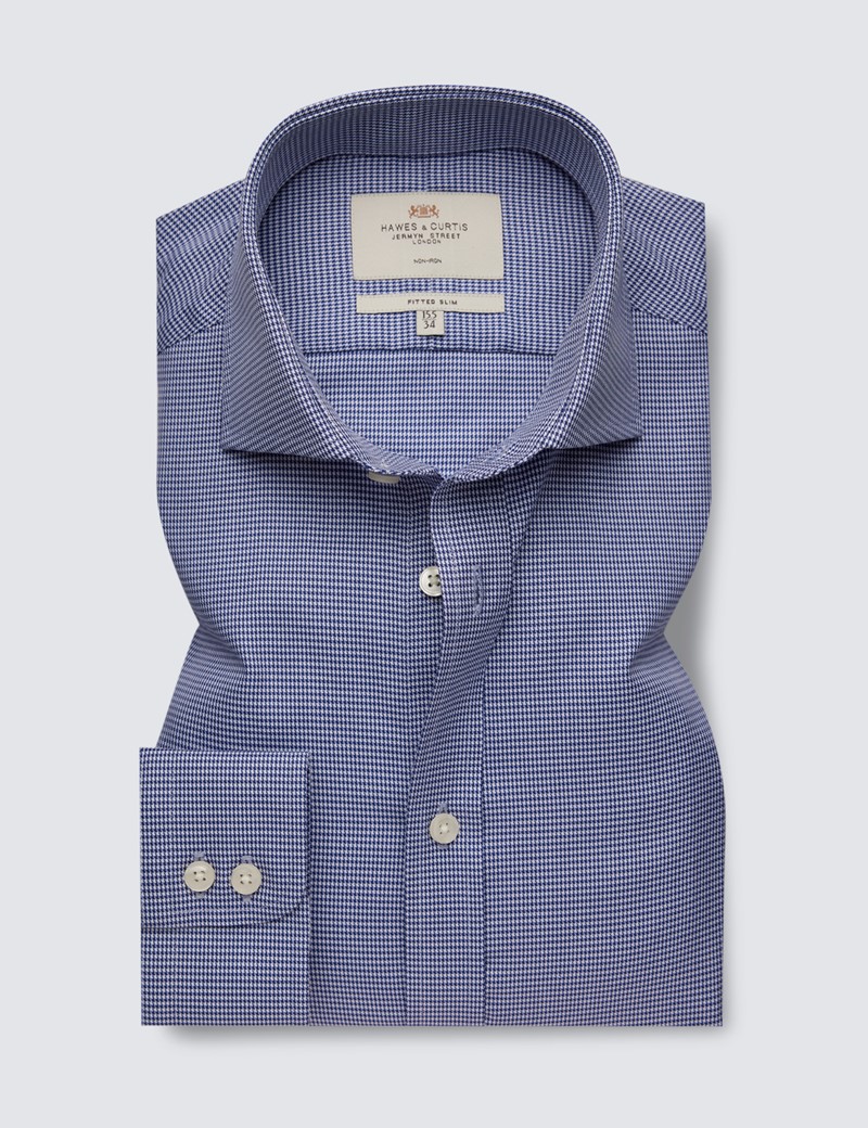 Non Iron Navy & White Check Fitted Slim Shirt With Windsor Collar - Single Cuffs