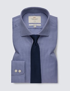 Non Iron Navy & White Check Fitted Slim Shirt With Windsor Collar - Single Cuffs