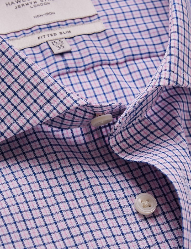 Non-Iron Pink & Navy Check Fitted Slim Shirt - Windsor Collar