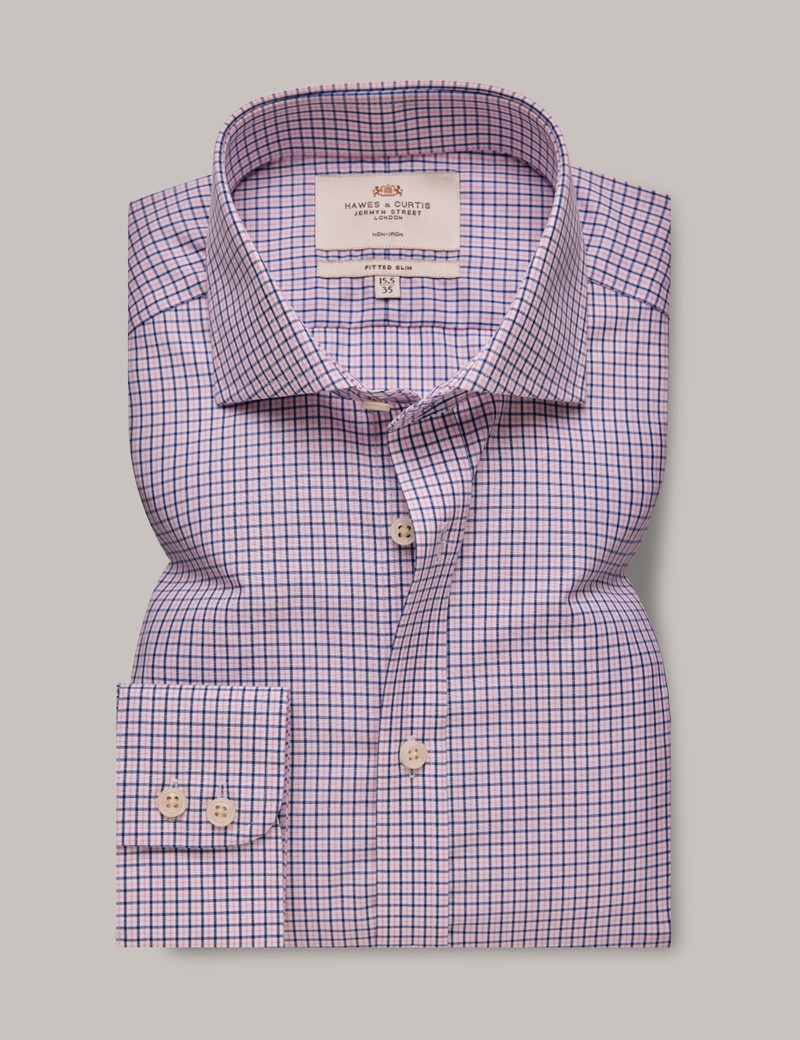 Men's Non-Iron Pink & Navy Check Fitted Slim Shirt - Windsor Collar