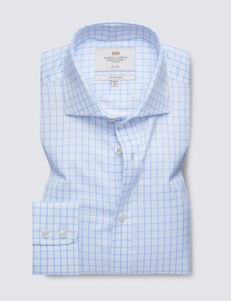 Non Iron Blue & White Textured Check Fitted Slim Fit Shirt - Windsor Collar 