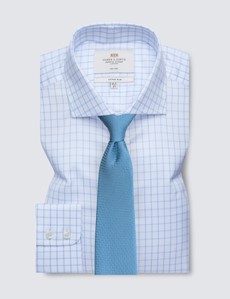 Non Iron Blue & White Textured Check Fitted Slim Fit Shirt - Windsor Collar 