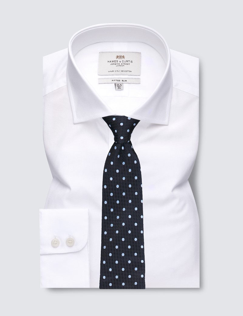 Men's Business Formal White Poplin Fitted Slim Dress Shirt - Windsor Collar - Single Cuff - Easy Iron