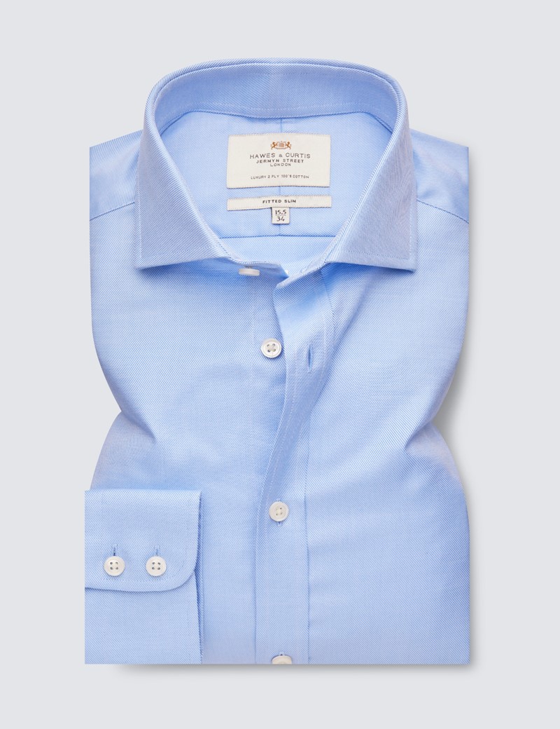 Easy Iron Blue Twill Fitted Slim Shirt with Windsor Collar - Single Cuffs