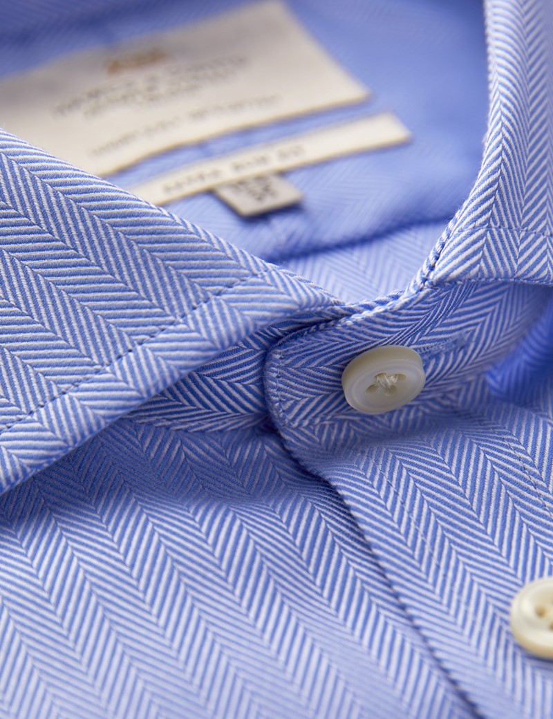 Men's Business Blue Herringbone Fitted Slim Shirt - Windsor Collar - Single Cuff - Easy Iron
