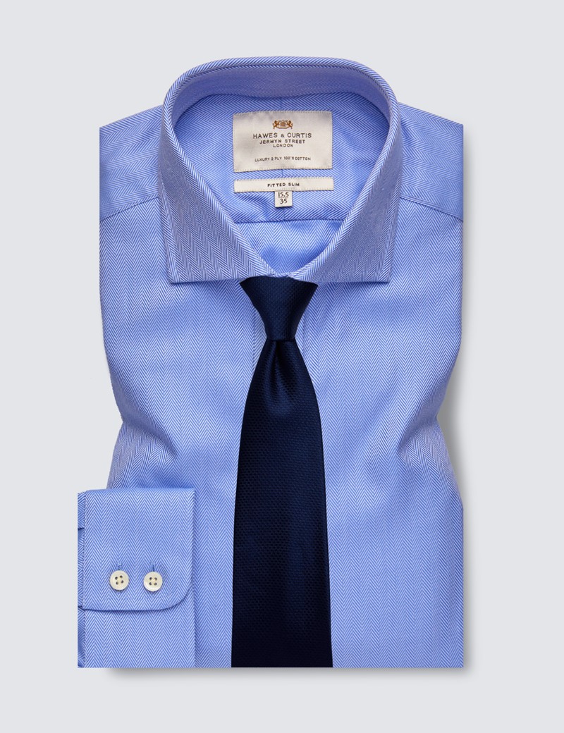 Men's Business Blue Herringbone Fitted Slim Shirt - Windsor Collar - Single Cuff - Easy Iron