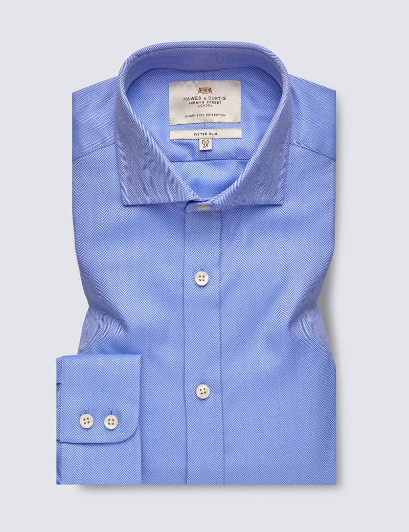 Men's Business Blue Herringbone Fitted Slim Shirt - Windsor Collar - Single Cuff - Easy Iron