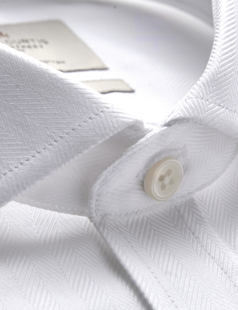 Men's Business White Herringbone Fitted Slim Shirt - Windsor Collar - Single Cuff - Easy Iron