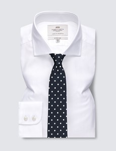 Men's Formal White Herringbone Fitted Slim Shirt - Windsor Collar - Single Cuff - Easy Iron