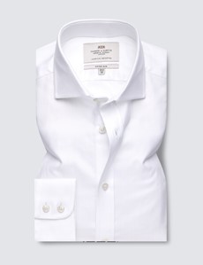 Men's Formal White Herringbone Fitted Slim Shirt - Windsor Collar - Single Cuff - Easy Iron