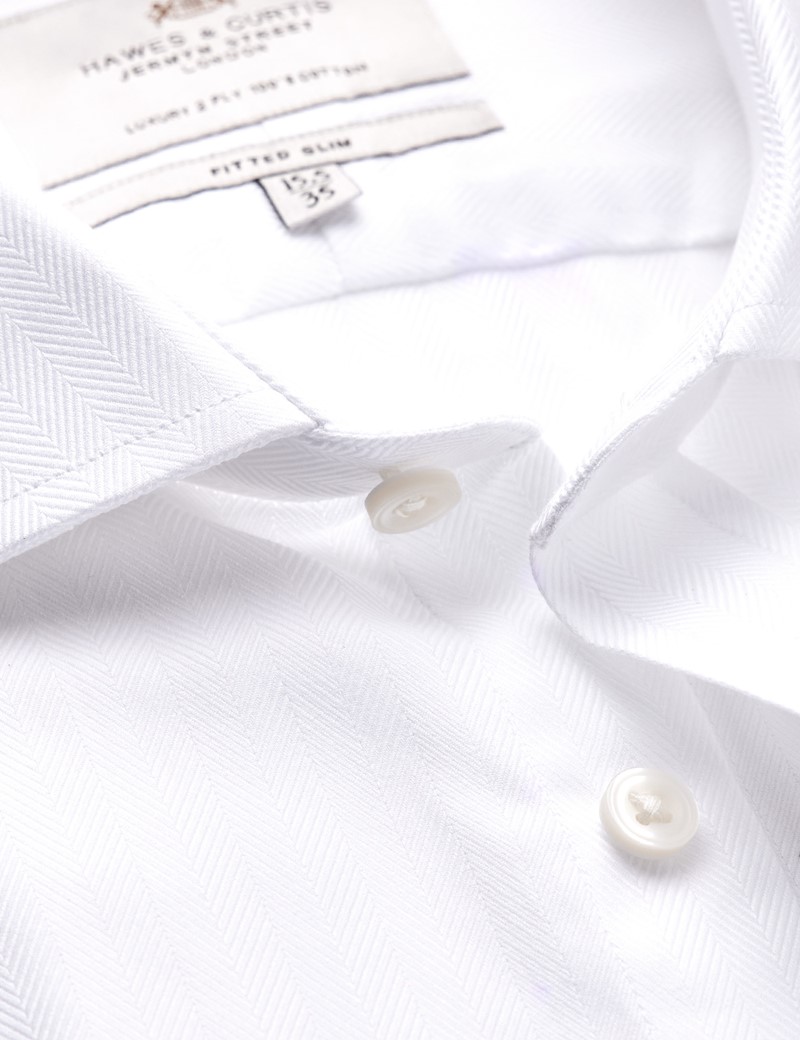 Men's Dress White Herringbone Fitted Slim Shirt - Windsor Collar - Single Cuff - Easy Iron