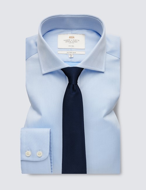 Non Iron Blue Twill Fitted Slim Shirt With Windsor Collar