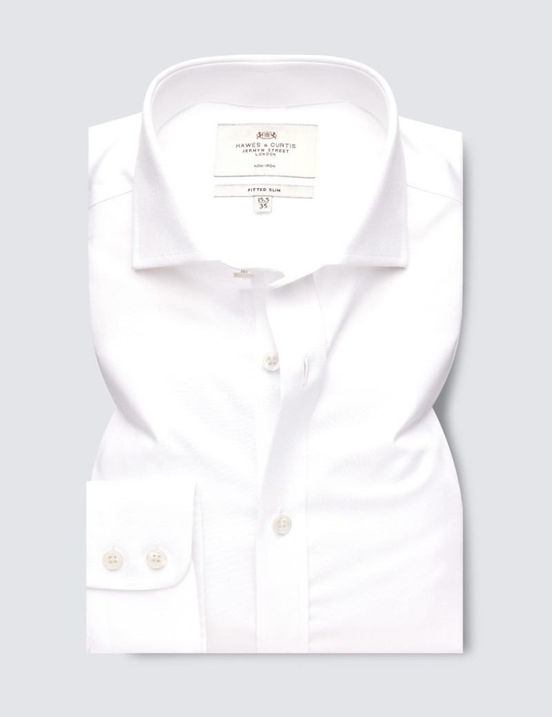 Non Iron White Twill Fitted Slim Shirt With Windsor Collar - Single Cuffs