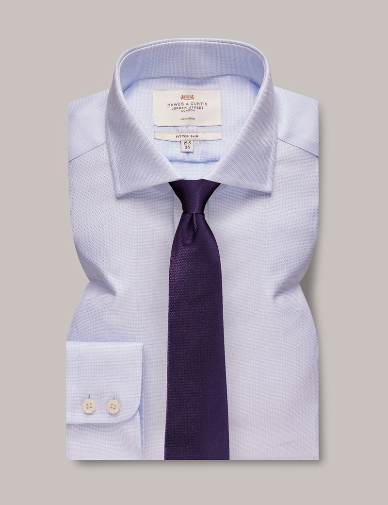 Men's Non-Iron Blue & White Fitted Slim Shirt - Windsor Collar
