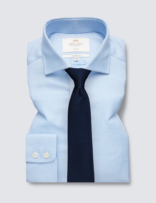 Non Iron Blue Fabric Interest Fitted Slim Shirt With Windsor Collar - Single Cuffs