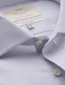 Easy Iron Navy & White Stripe Fitted Slim Shirt With Semi Cutaway Collar - Single Cuffs