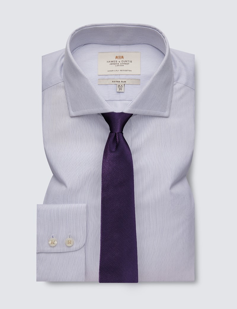 Easy Iron Navy & White Stripe Fitted Slim Shirt With Semi Cutaway Collar - Single Cuffs