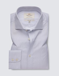 Easy Iron Navy & White Stripe Fitted Slim Shirt With Semi Cutaway Collar - Single Cuffs