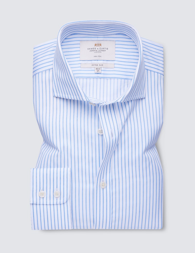 Non Iron Blue & White Stripe Fitted Slim Shirt - Full Cutaway Collar - Single Cuffs