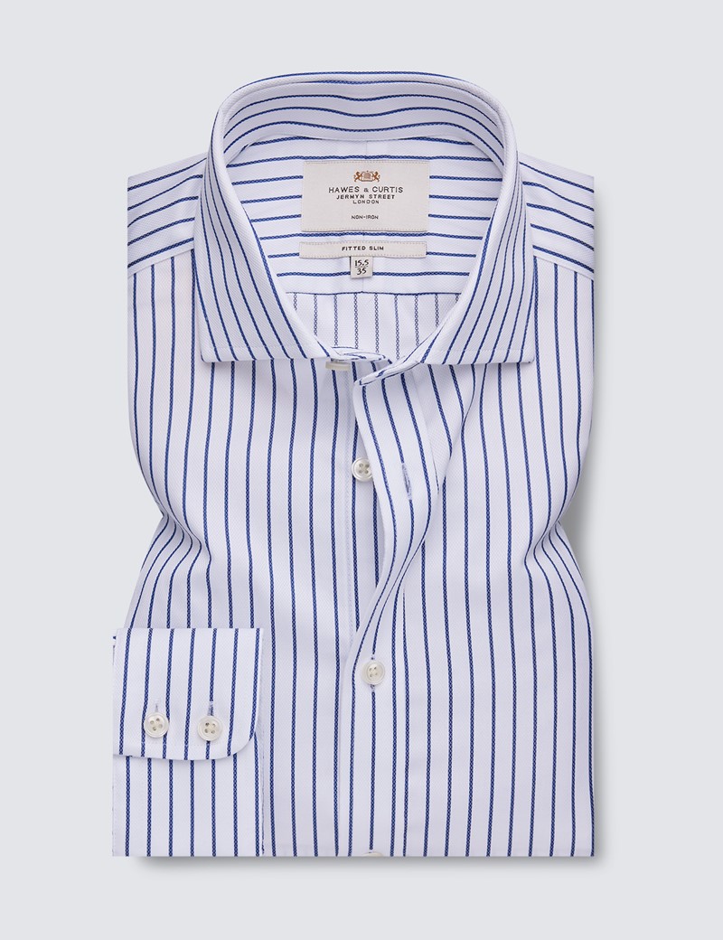 Non Iron Navy & White Stripe Fitted Slim Shirt With Windsor Collar - Single Cuffs