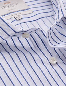 Non Iron Navy & White Stripe Fitted Slim Shirt With Windsor Collar - Single Cuffs