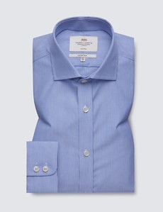 Men's Dress Blue & White Fine Stripe Fitted Slim Shirt - Windsor Collar - Single Cuff - Non Iron