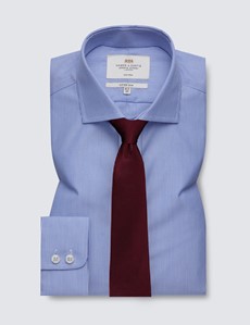 Men's Dress Blue & White Fine Stripe Fitted Slim Shirt - Windsor Collar - Single Cuff - Non Iron