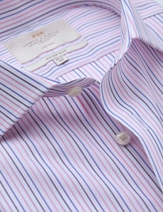 Men's Formal Pink & Blue Multi Stripe Fitted Slim Shirt - Windsor Collar - Single Cuff - Non Iron