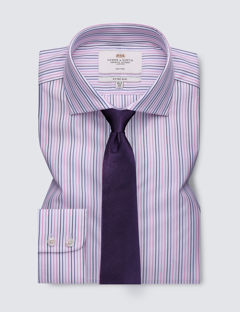 Men's Dress Pink & Blue Multi Stripe Fitted Slim Shirt - Windsor Collar - Single Cuff - Non Iron
