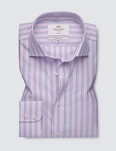 Men's Dress Pink & Blue Multi Stripe Fitted Slim Shirt - Windsor Collar - Single Cuff - Non Iron