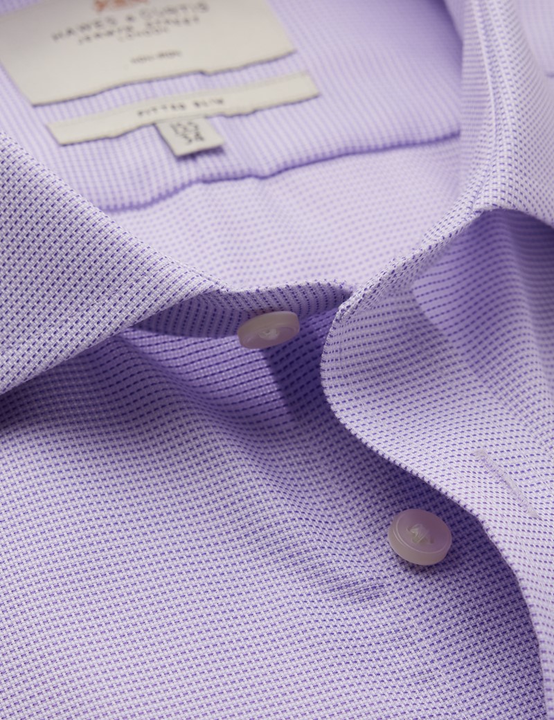 Non Iron Lilac & White Dobby Fitted Slim Shirt With Windsor Collar - Single Cuffs