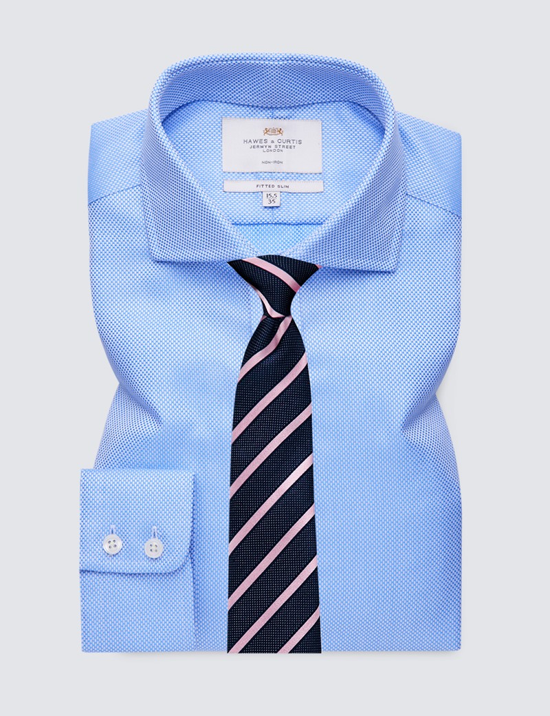 Men's Formal Blue Fabric Interest Fitted Slim Shirt - Windsor Collar - Single Cuff - Non Iron