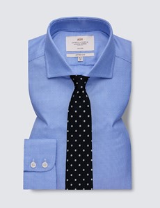Non Iron Blue & White Dobby Fitted Slim Shirt - Windsor Collar - Single Cuff