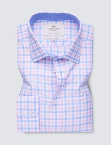 Easy Iron Pink & Blue Multi Check Fitted Slim Fit Shirt with Contrast Detail