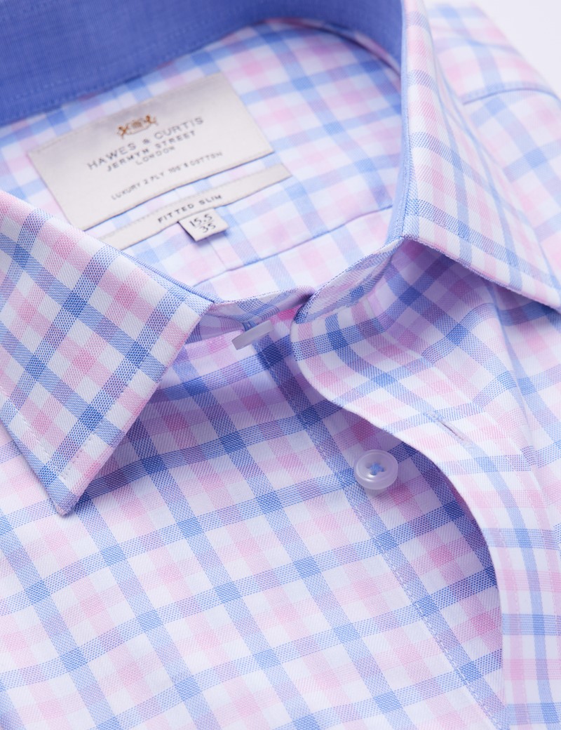 Easy Iron Pink & Blue Multi Check Fitted Slim Fit Shirt with Contrast Detail