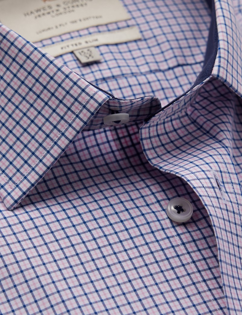 Easy Iron Pink & Blue Check Fitted Slim Fit Shirt With Contrast Detail  -Single Cuffs
