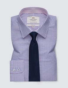 Men's Formal Blue & White Multi Check Fitted Slim Shirt with Contrast Detail - Single Cuff - Easy Iron