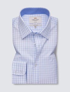 Non Iron Blue & White Grid Check Fitted Slim Shirt with Contrast Detail