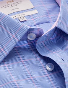 Non Iron Blue & Pink Prince Of Wales Check Fitted Slim Shirt With Contrast Detail