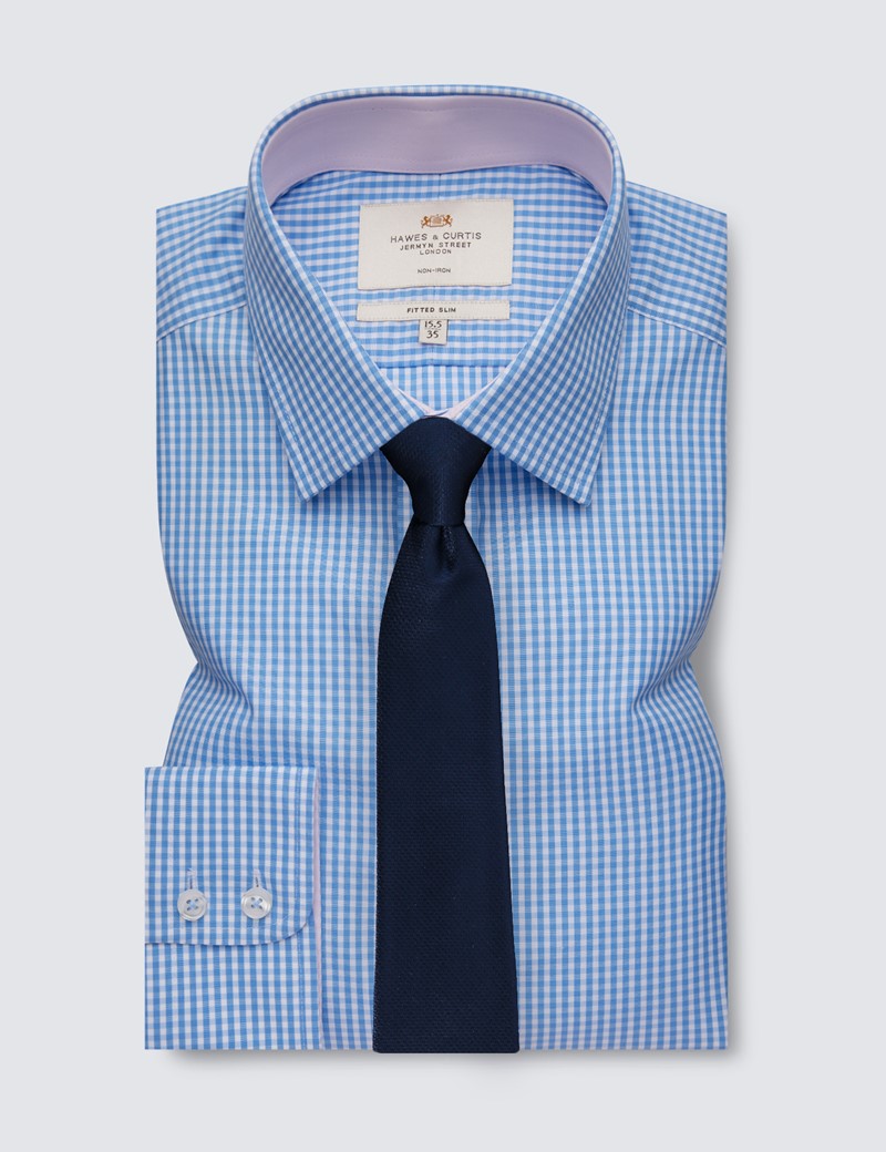 Non Iron Blue & White Check Fitted Slim Shirt with Contrast Detail - Single Cuffs